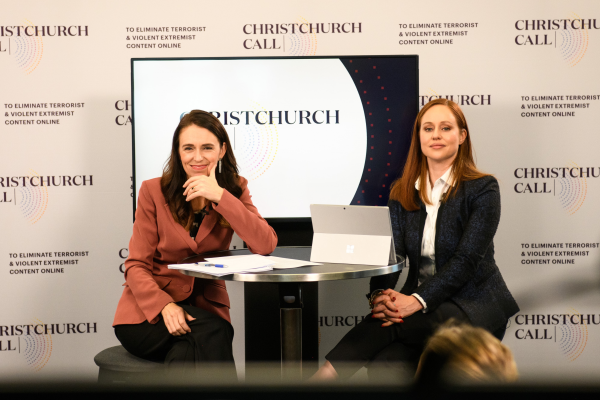 Prime Minister Jacinda Ardern and MC Stacey Kirk listen to live stream questions from international media during the Christchurch Call international leaders' summit on 15 May 2021 in Wellington, New Zealand. Credit: Mark Tantrum / Stringer.